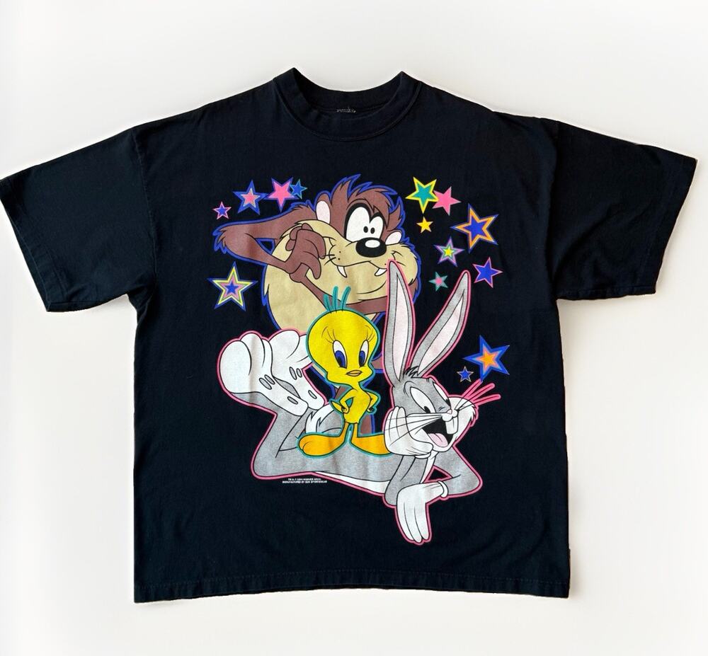 Vintage Looney Tunes Shirt XL Black 90s Cartoon Promo Bugs Bunny Taz Tweety